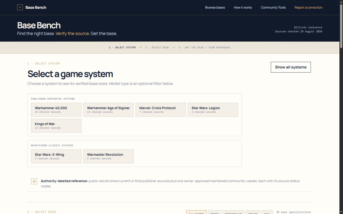 Base Bench homepage showing verified miniature base sizes and game-system choices