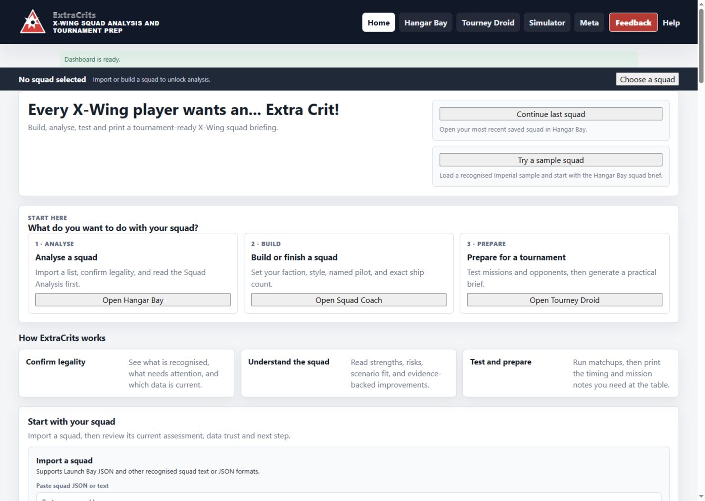 ExtraCrits homepage showing squad analysis and tournament preparation