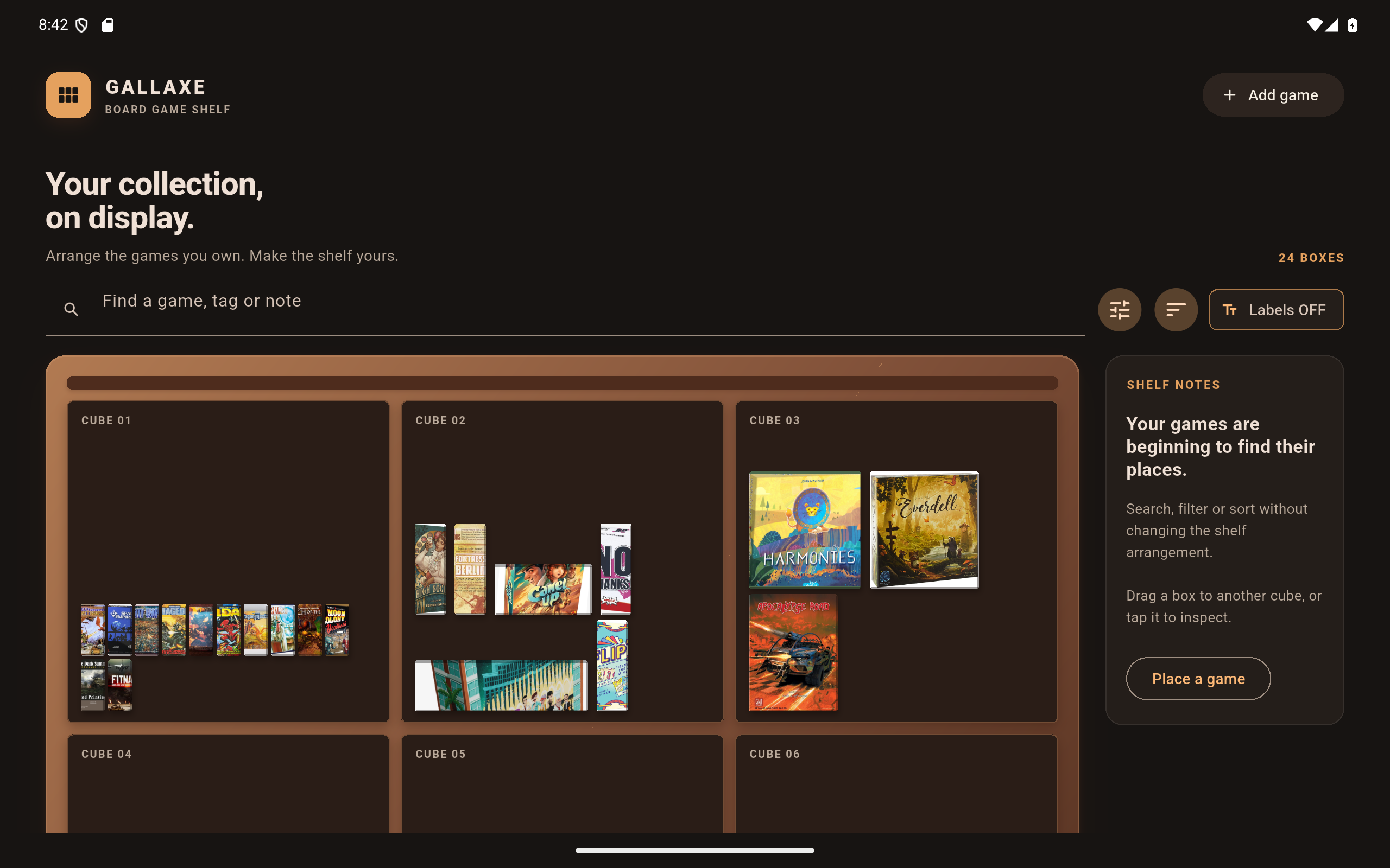 GALLAXE Board Game Shelf and Organiser app interface