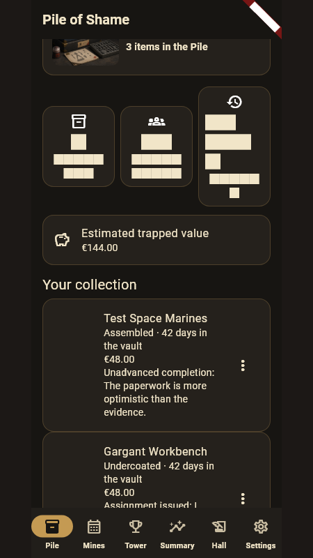Shamevault Miniatures app showing the Pile of Shame and hobby projects