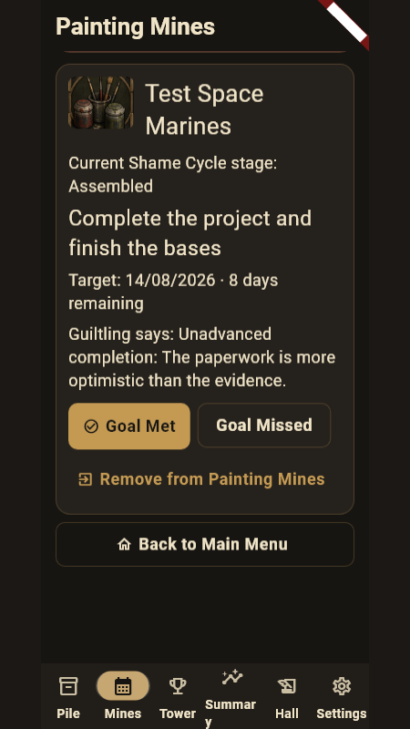 Shamevault Miniatures Painting Mines screen showing a project target and deadline